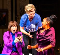 [CREDIT: Marisa Lenardson] Trinity's 'POTUS' runs through Sept. 22, then Oct. 10 – 27 at Trinity Repertory Company, 201 Washington St., Providence. From left, actors Rachael Warren, Deb Martin and Jackie Davis during one of the comedy's irreverent scenes.