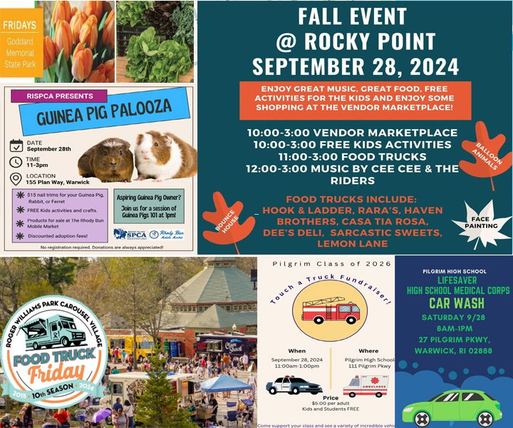 [WP Composite] This roundup of Warwick Weekend events includes the final Roger Willams Park Food Truck Friday, an optimism fun run, Park & Rec Fall Event, and car wash and touch a truck events.