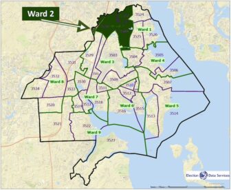 A map of Warwick's Ward 2, in relation to the other Wards. On Nov. 5, Democrat Councilman Jeremy Rix and Republican challenger Bill Paola contest in the Ward 2 race for the seat.