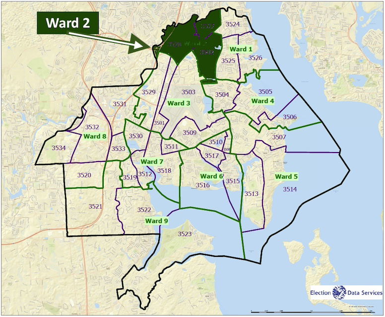 A map of Warwick's Ward 2, in relation to the other Wards. On Nov. 5, Democrat Councilman Jeremy Rix and Republican challenger Bill Paola for the seat.