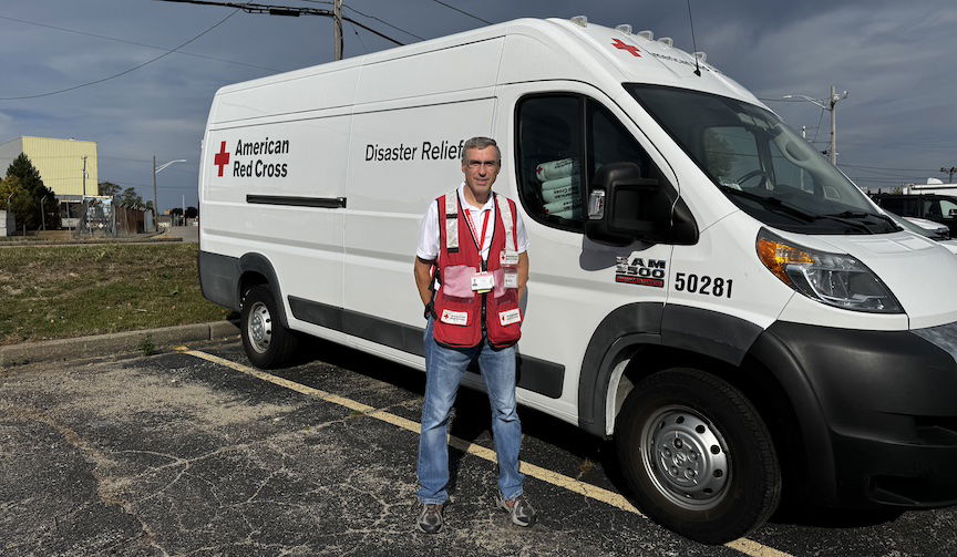 [CREDIT: American Red Cross] The Red Cross is issuing an urgent appeal for volunteers who are willing to travel this fall to support emergency shelters for local and national disaster relief efforts. Above, Peter Prowe, a Red Cross volunteer from Warwick, recently returned from assisting with Hurricane Helene relief efforts in Florida.