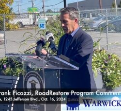 [CREDIT: Rob Borkowski] Mayor Frank Picozzi offers comments on Warwick road repair aided by Gov. Dan McKee's RoadRestore program.