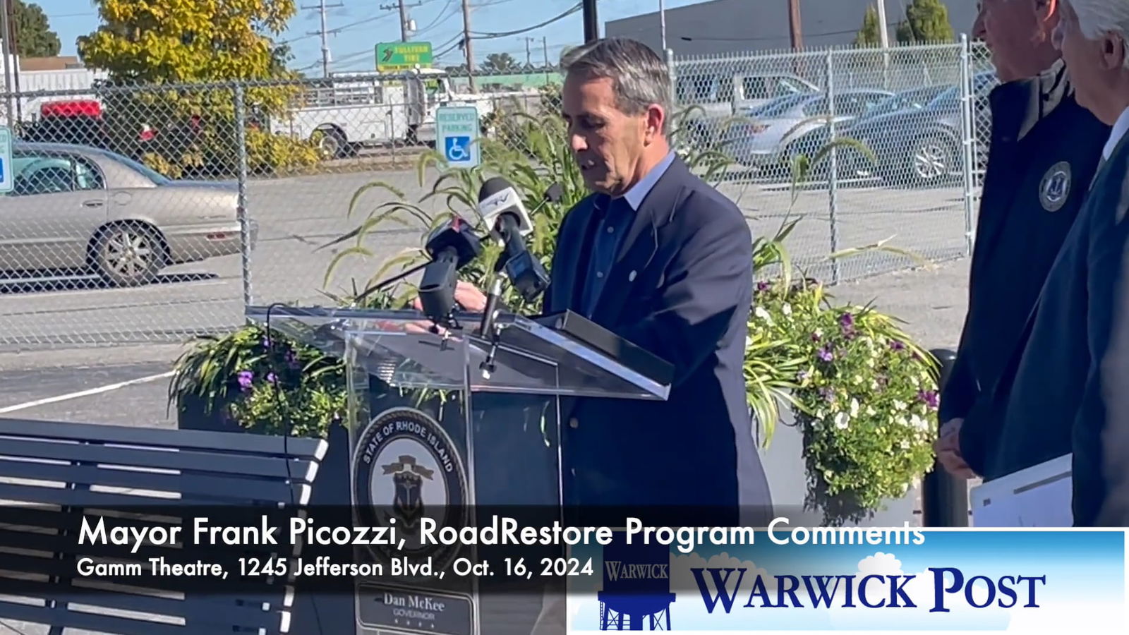 [CREDIT: Rob Borkowski] Mayor Frank Picozzi offers comments on Warwick road repair aided by Gov. Dan McKee's RoadRestore program.