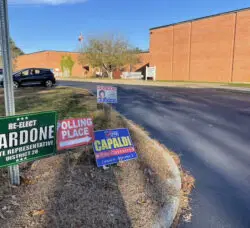 [CREDIT: Rob Borkowski] A line of political signs outside the Coventry Town Hall Annex on Flat River Road across from Town Hall Tuesday, Nov. 5. It was still hours before Coventry 2024 Election Results were in.