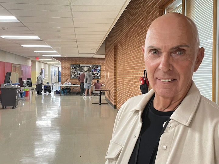 [CREDIT: Rob Borkowsski] Bill Marcotte, Board of Canvassers Chairman, reported steady Coventry voting at the Coventry Town Hall Annex.