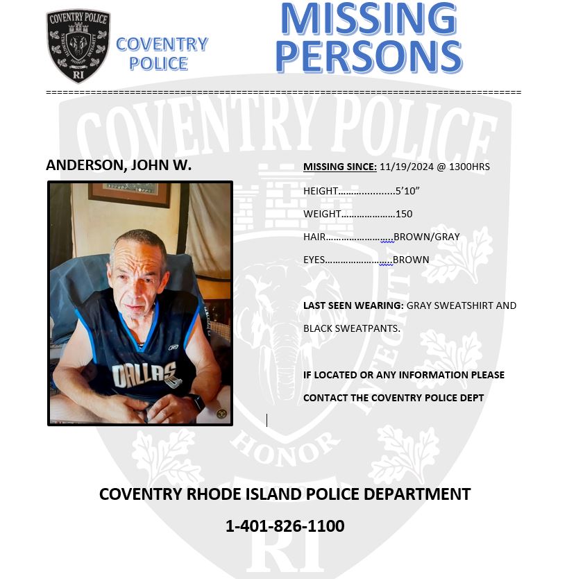 [CREDIT: CPD] Coventry Police ask the public to help them search for missing person John Anderson, last seen leaving his home on foot Nov. 19.