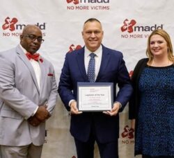 [CREDIT: LPPIB] Rep. Thomas Noret, center, is presented with the MADD Legislator of the Year award Friday morning by Program Director Wesley Pennington, left, and Program Manager Jennifer O’Neil at the Crowne Plaza Hotel in Warwick.