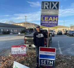 [CREDIT: Rob Borkowski] Andrew Ober, holding a sign for Ward 2 City Councilman Jeremy Rix outside the Pilgrim Senior Center, reported steady traffic. Nov. 5 during the Warwick 2024 election turnout.