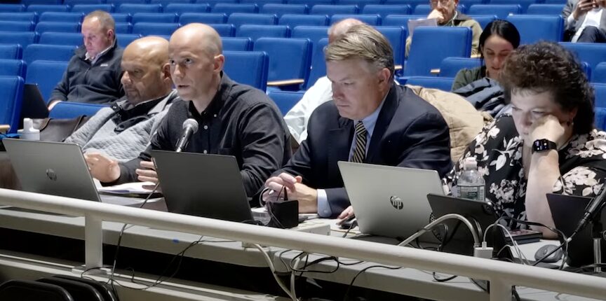 [CREDIT: WPS] Warwick Schools Finance Director Brandon Bohl, pictured second from let at table, reported Warwick Schools FY24 salaries were over budget by $4.8 million for FY24 during Tuesday's Warwick School Committee meeting.