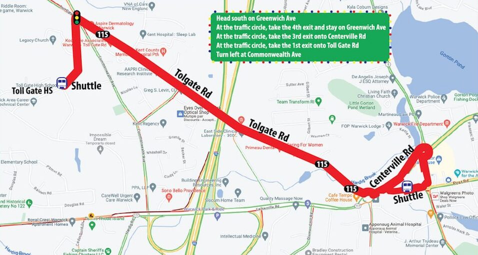 [CREDIT: City of Warwick] A map of the parking shuttle route for the Rolling, Strolling Apponaug Winter Festival.