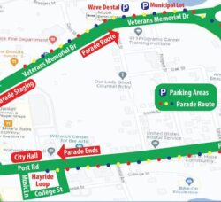 [CREDIT: City of Warwick] A map of the parade route, parking and carriage rides for the Rolling, Strolling Apponaug Winter Festival.