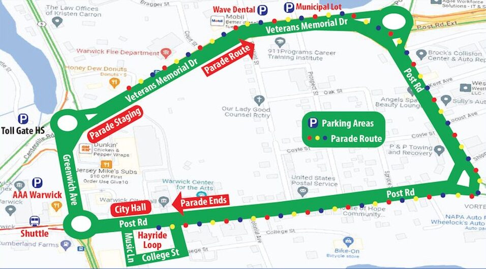 [CREDIT: City of Warwick] A map of the parade route, parking and carriage rides for the Rolling, Strolling Apponaug Winter Festival.