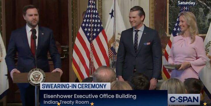 [CREDIT: CSPAN] After confirmation by the U.S. Senate in a tie breaking vote of 51-50, President Donald Trump's pick to serve as Defense Secretary, Pete Hegseth, was sworn in by Vice President JD Vance Saturday, Jan. 25.