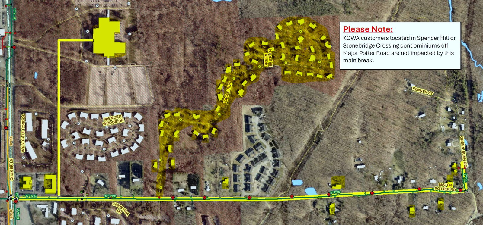 [CREDIT: KCWA] A boild water advisory is in effect for the highlighted areas of Major Potter Road. (Affected sites are highlighted on the attached map.) Kent County Water Authority customers in the Spencer Hill and Stonebridge Crossing condominiums are not impacted by this water main break, so this boil water advisory does not apply to them.