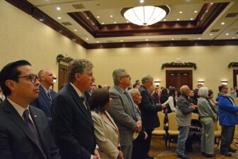 [CREDIT: Rob Borkowski] Several state officials attended the Warwick inauguration Jan. 7, 2025 at Crowne Plaza Warwick. From left, local and state officials, including, from left, Rhode Island General Treasurer James A. Diossa, Gov. Dan McKee, Pawtucket Mayor Donald R. Grebien, and North Providence Mayor Charles Lombardi. Former Councilwoman Donna Travis is second from right.