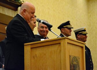 [CREDIT: Rob Borkowski] From left,Rev. Robert L. Marciano, who led the invocation, Mayor Frank Picozzi, ret. Supreme Court Justice Francis X. Flaherty, WFD Chief Peter McMichael and WPD Chief Brad Connor during the Jan. 7 Warwick inauguration at Crowne Plaza hotel.