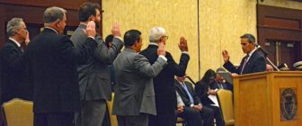  [CREDIT: Rob Borkowski] Mayor Frank Picozzi administes the oath of office to the Warwick City Council at Crowne Plaza Jan. 7, 2025. 