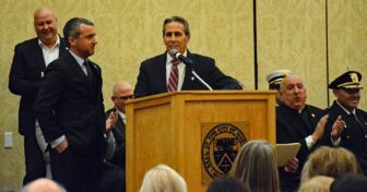 [CREDIT: Rob Borkowski] Mayor Frank Picozzi introduces new Warwick City Council President Anthony Sinapi during the Warwick Inauguration at Crowne Plaza Jan. 7, 2025.