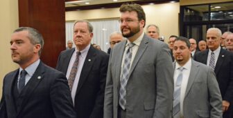 [CREDIT: Rob Borkowski] Warwick City Council members proceed into the Crowne Plaza ballroom for the Warwick inauguration Jan. 7, 2025. From left, Warwick City Council President Anthony Sinapi, Council members William Foley, Jeremy Rix, Bryan Nappa, and Ed Ladouceur. In back,from left are Sal Deluice, Bill Muto, Vinny Gebhart, and John Kirby.