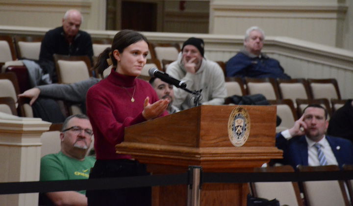 [CREDIT: Rob Borkowski] Pilgrim High Senior Class President Keaney Bayha encouraged town and school officials to work together to avoid the need for a budget commission.